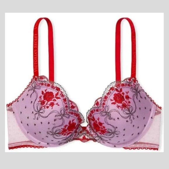 New! Victoria’s Secret Very Sexy Lilac Red Rosebud Dot Push-Up Bra 4761 - Picture 1 of 11
